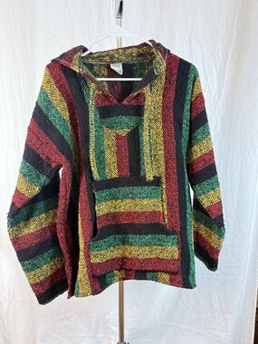Emisa Striped Baja Hoodie Knit Sweater in Black, Red, Green & Yellow sz Medium